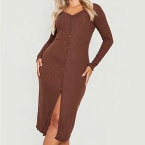 New Ribbed Brown Button MiDi dress - Boohoo